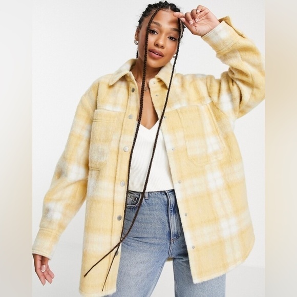 TOPSHOP Wool Overshirt Shacket In Yellow Plaid - Size 8-10 - Picture 3 of 13